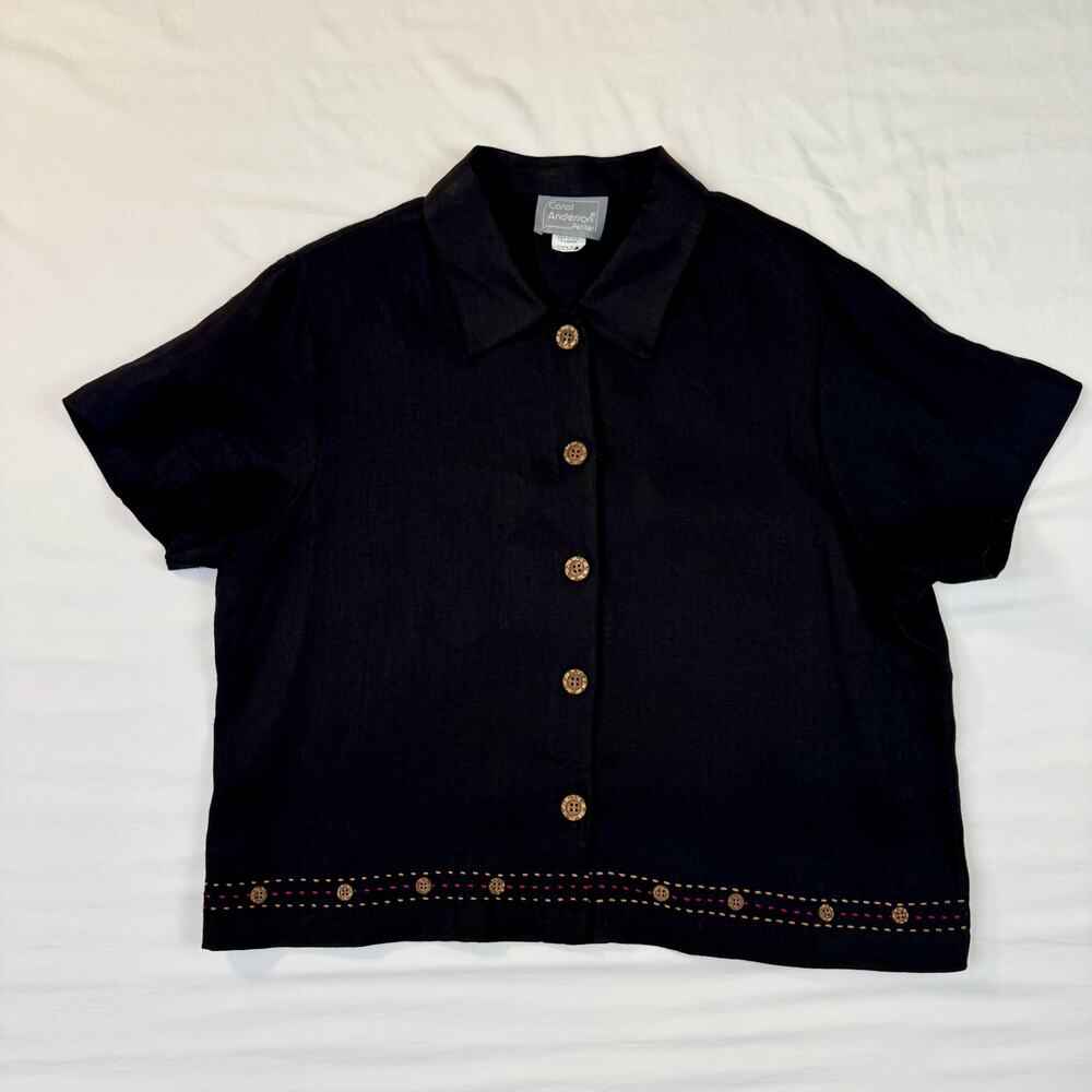 Carol Anderson Vintage Linen Shirt Black Women's Large Petite Lagenlook Coastal - Picture 8 of 13
